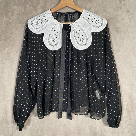 Zara Polka Dot Sheer Blouse S Oversized Peter Pan Claudine Collar Tie Neck Bow - Picture 4 of 16